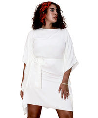 Sustainable White Fluid Draped DressWe wear white all year long! Flowing and fabulous, this dress is perfect for your winter vacations or to pair with high boots and our cute tweed jacket for a night to remember. The elegant drape and fitted waste pair be