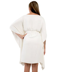 Sustainable White Fluid Draped DressWe wear white all year long! Flowing and fabulous, this dress is perfect for your winter vacations or to pair with high boots and our cute tweed jacket for a night to remember. The elegant drape and fitted waste pair be