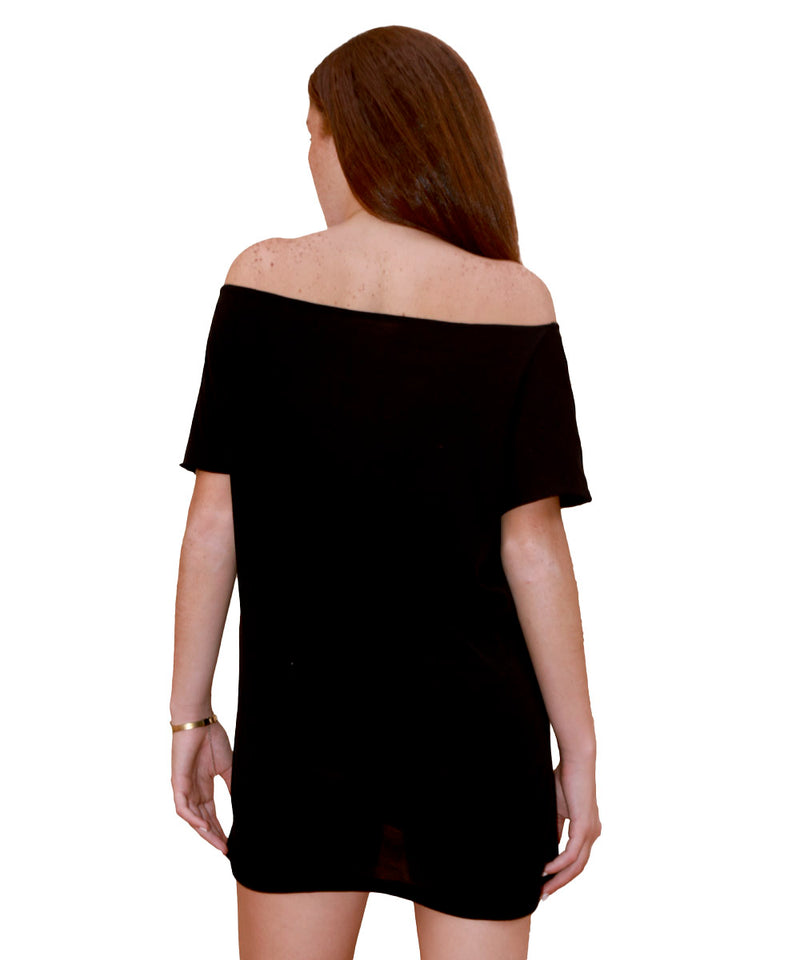 Oversized T-Shirt DressShe's oversized, she's off the shoulder and pants are optional ;) Lightweight and soft, this luxury jersey cotton T-shirt is the perfect piece to layer under your winter pieces or to wear on a spring day. Yes, we love black year rou